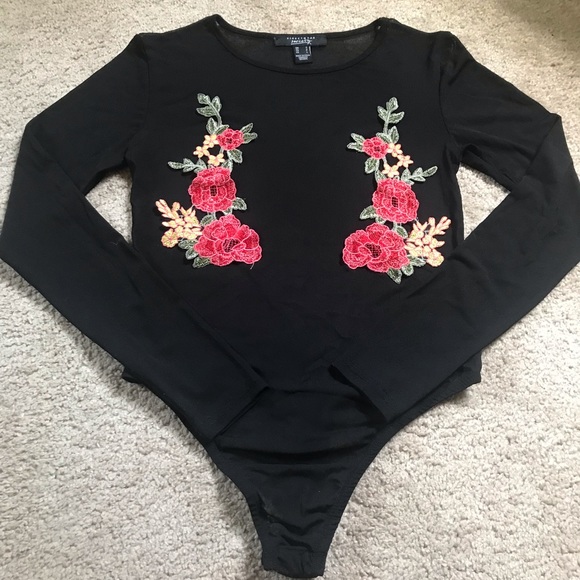 Streetwear Society Black Mesh Embroidered Bodysuit - Picture 2 of 6